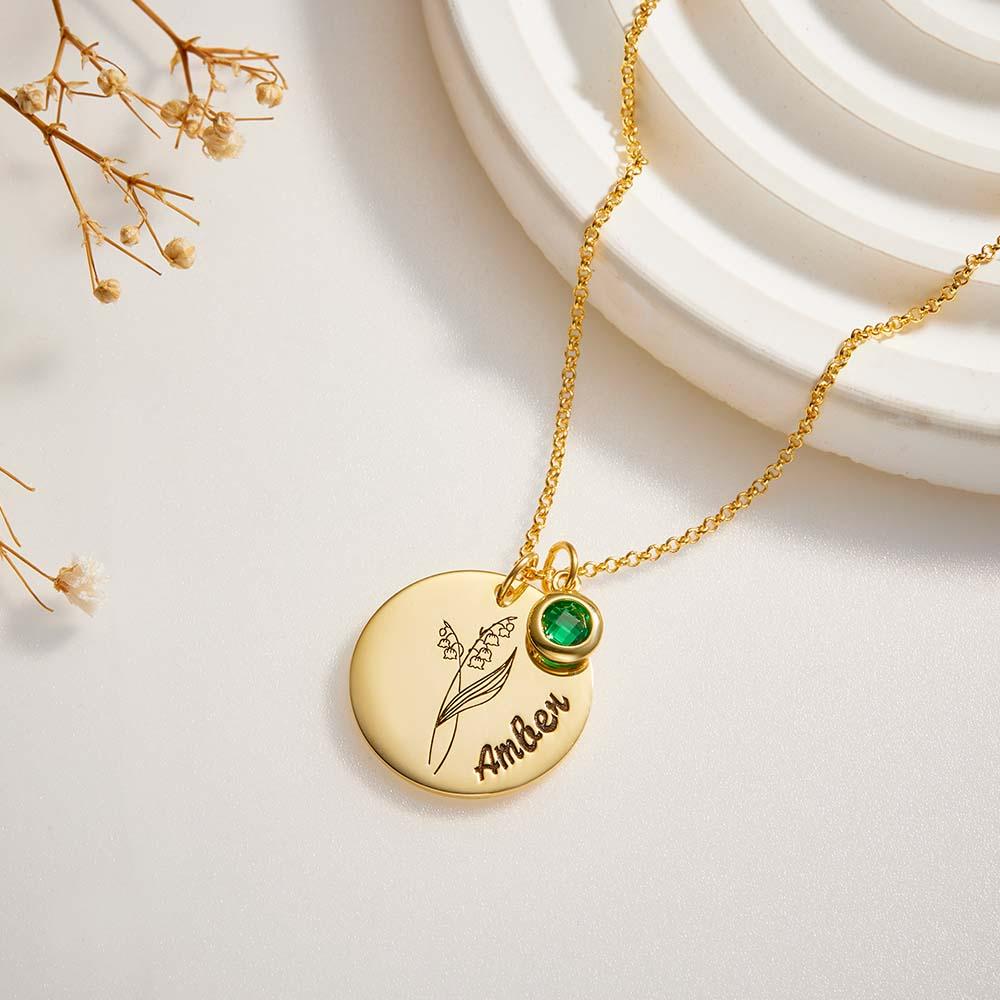 Personalized Birth Flower Name Necklace with Birthstone Mother's Day Gift
