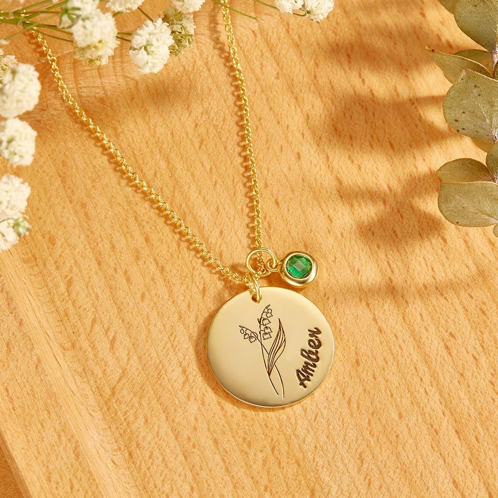 Personalized Birth Flower Name Necklace with Birthstone Mother's Day Gift