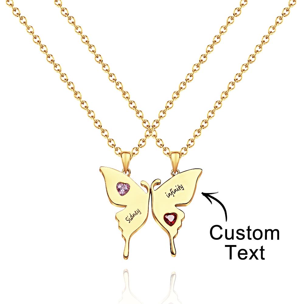 Custom Engraved Butterfly Necklace With Heart Birthstone Double Chains Creative Gifts For Sisters