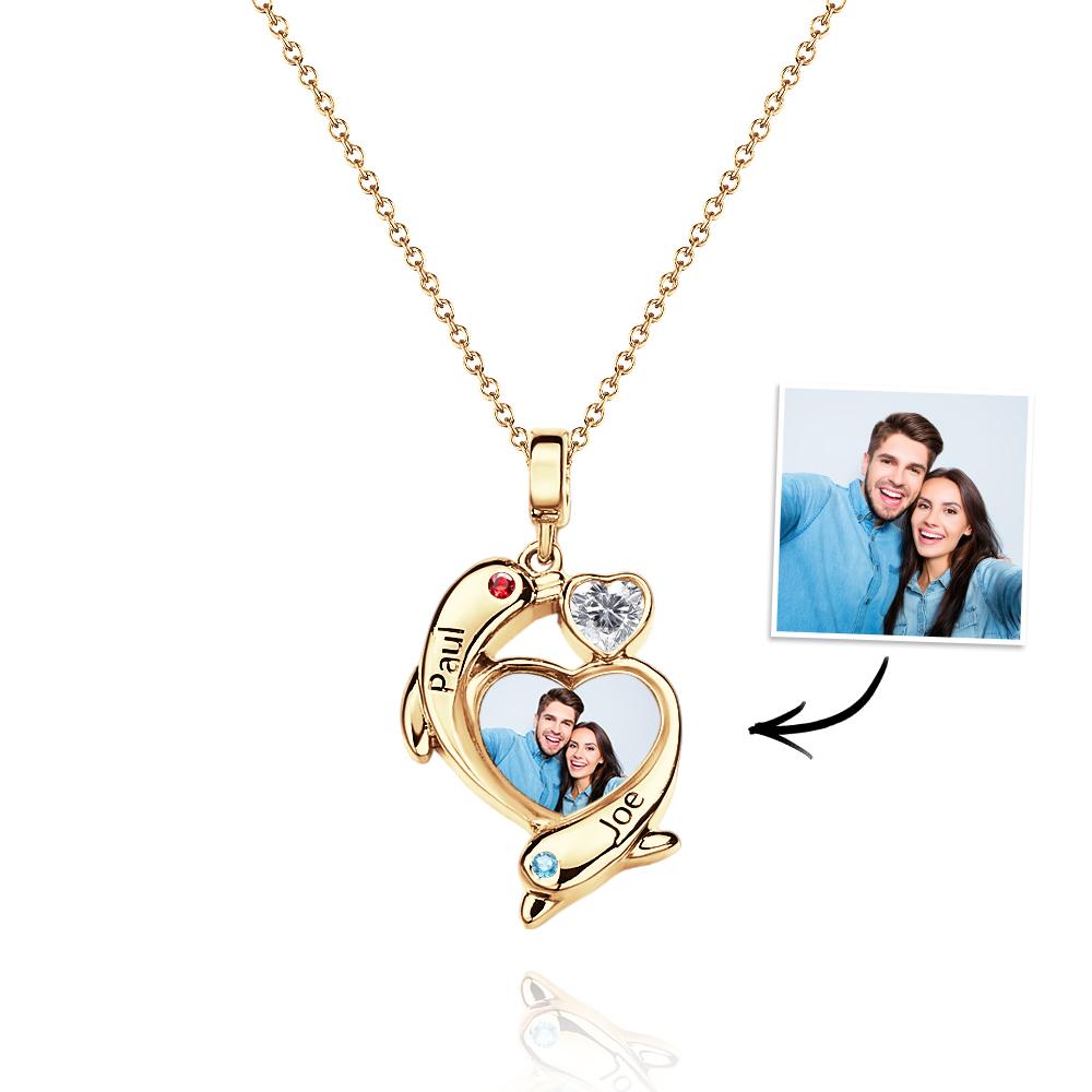 Personalized Photo Dolphin Birthstone Necklace Valentine's Day Gifts For Couples