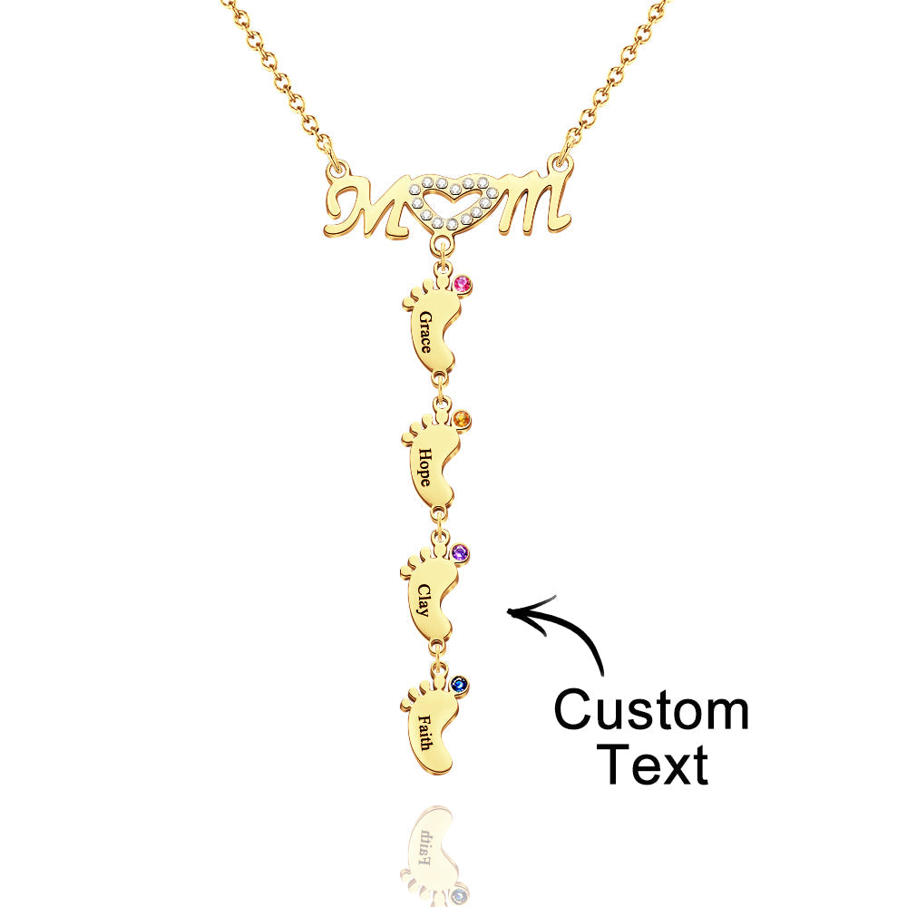 Mother's Necklace With Small Custom Name & Birthstone Baby Foot Charms