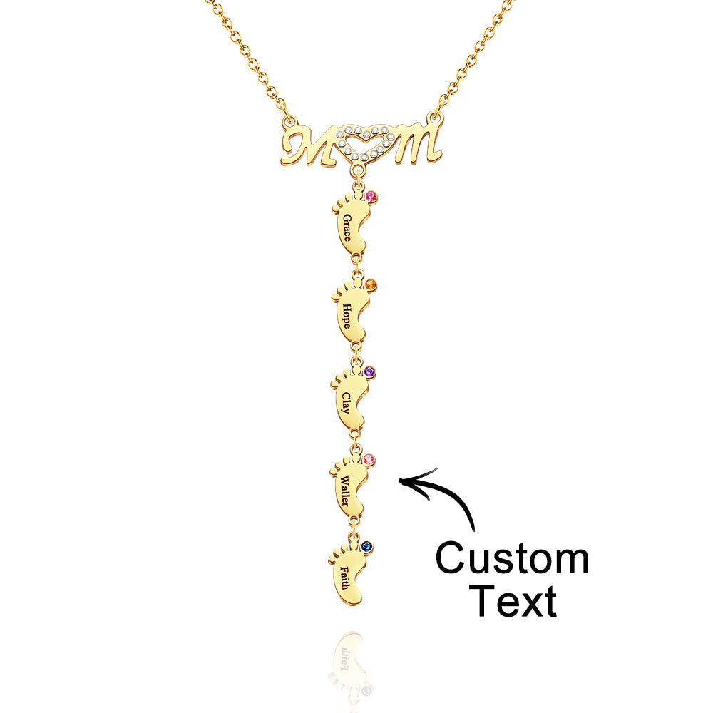 Mother's Necklace With Small Custom Name & Birthstone Baby Foot Charms