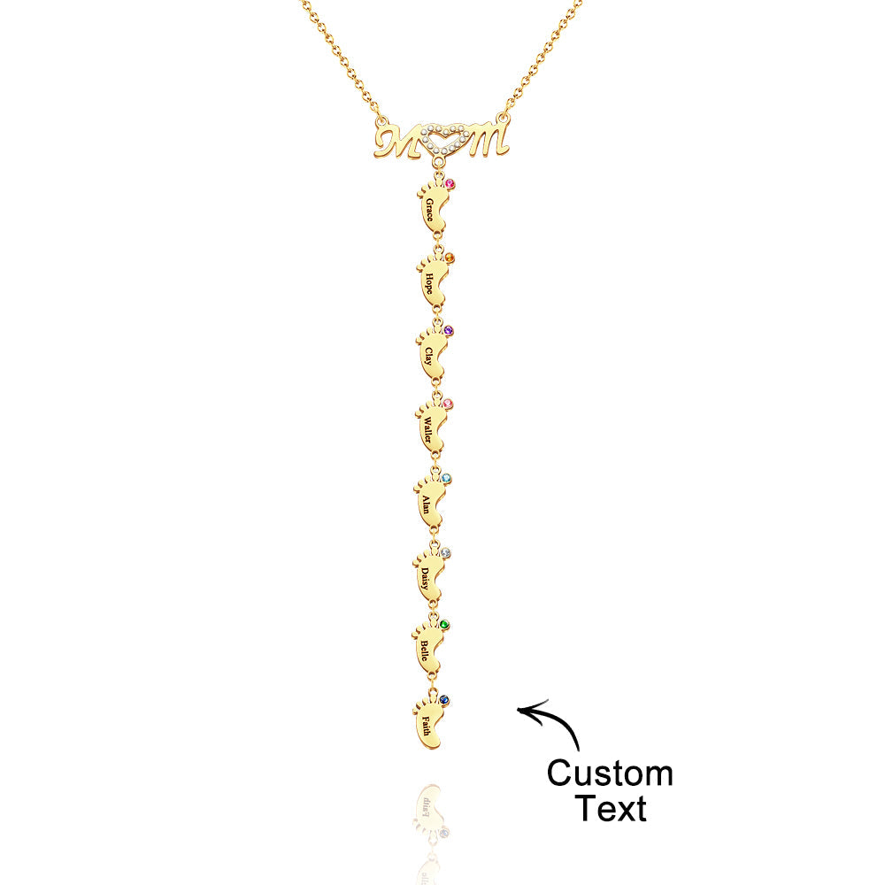 Mother's Necklace With Small Custom Name & Birthstone Baby Foot Charms