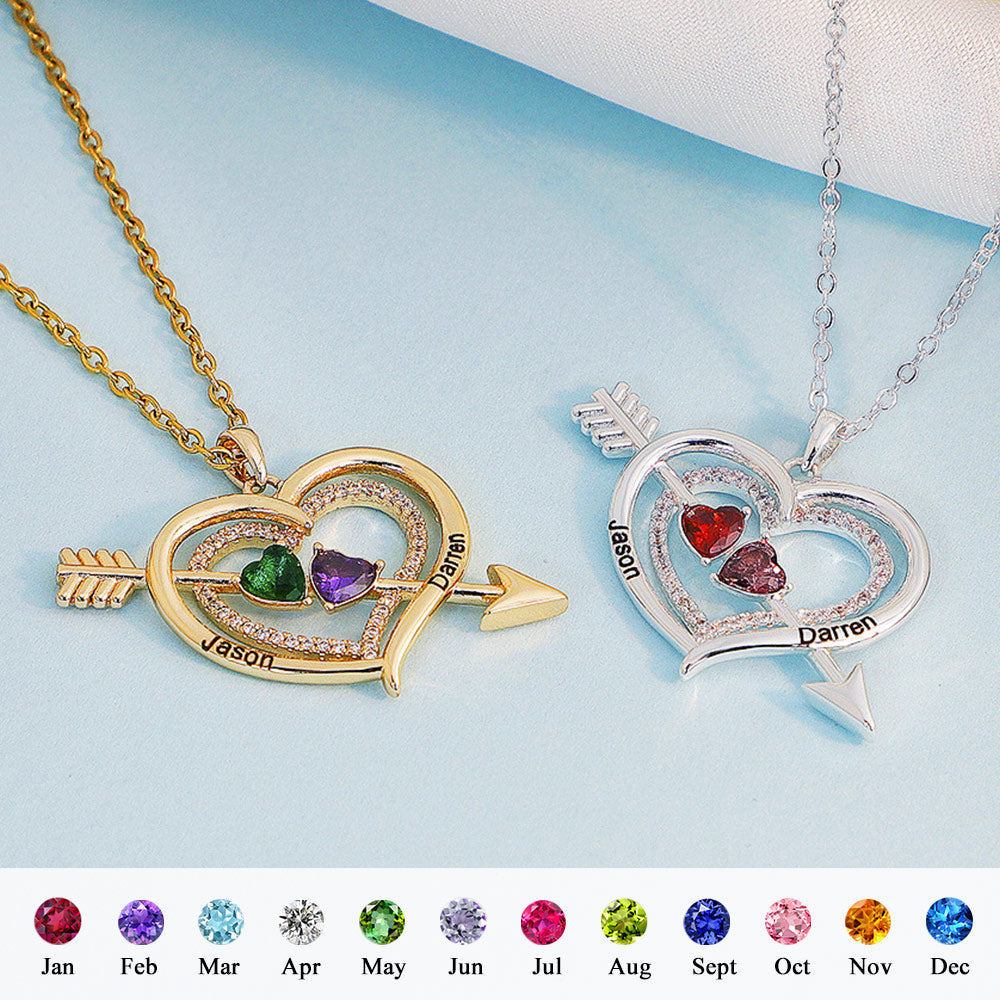 Personalized Name Birthstone Cupid Arrow Heart Necklace Engrave Necklace for Her