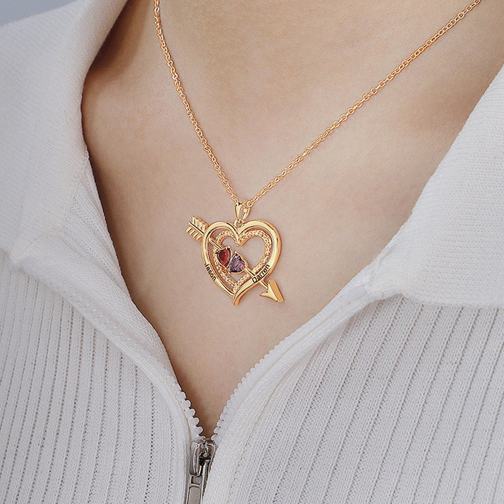 Personalized Name Birthstone Cupid Arrow Heart Necklace Engrave Necklace for Her