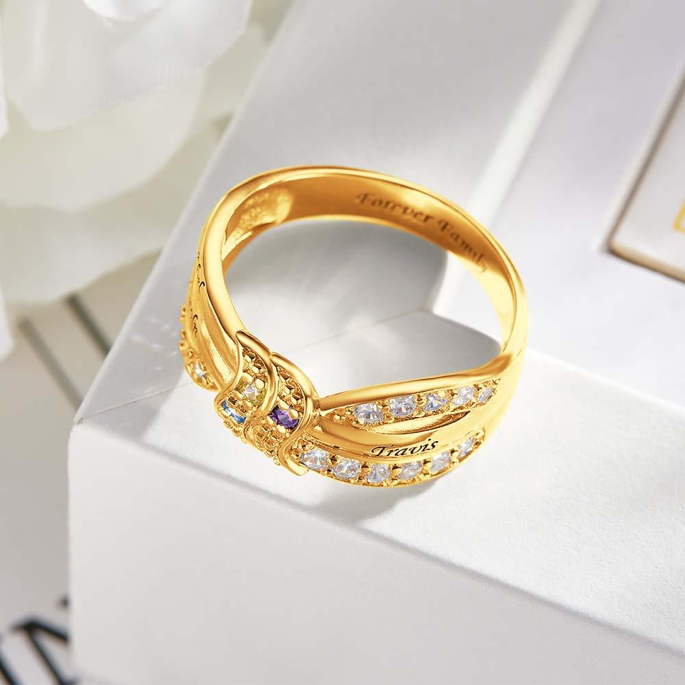 Custom Name and Text Birthstone Ring 18k Gold Plated Personalized Family Ring Gift For Her