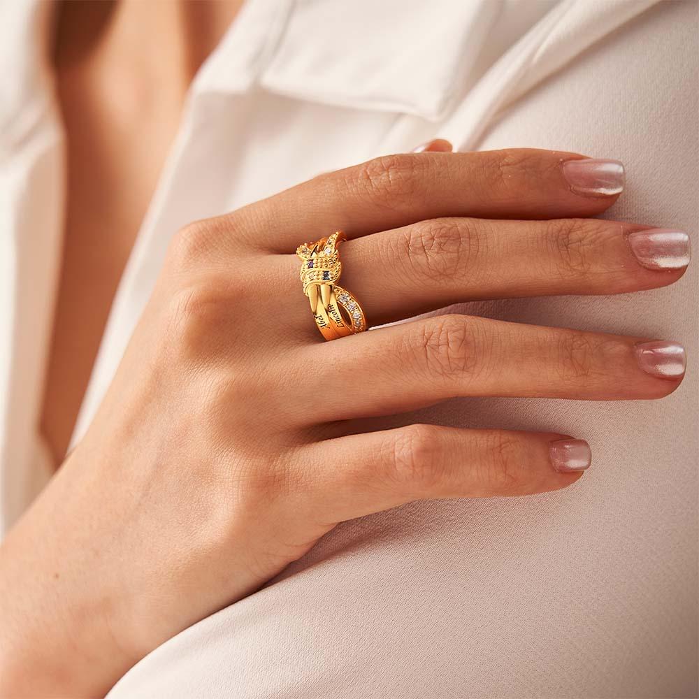Custom Name and Text Birthstone Ring 18k Gold Plated Personalized Family Ring Gift For Her