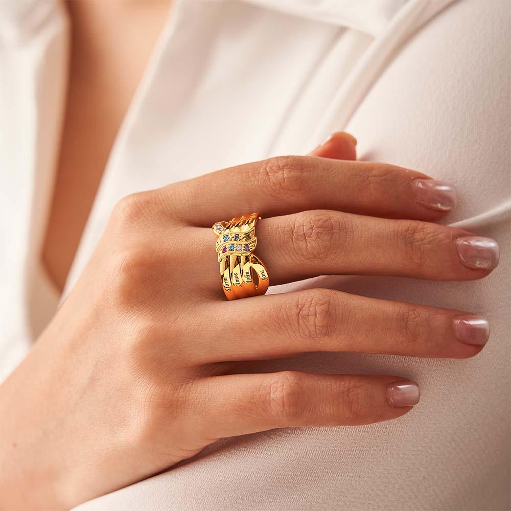 Custom Name and Text Birthstone Ring 18k Gold Plated Personalized Family Ring Gift For Her