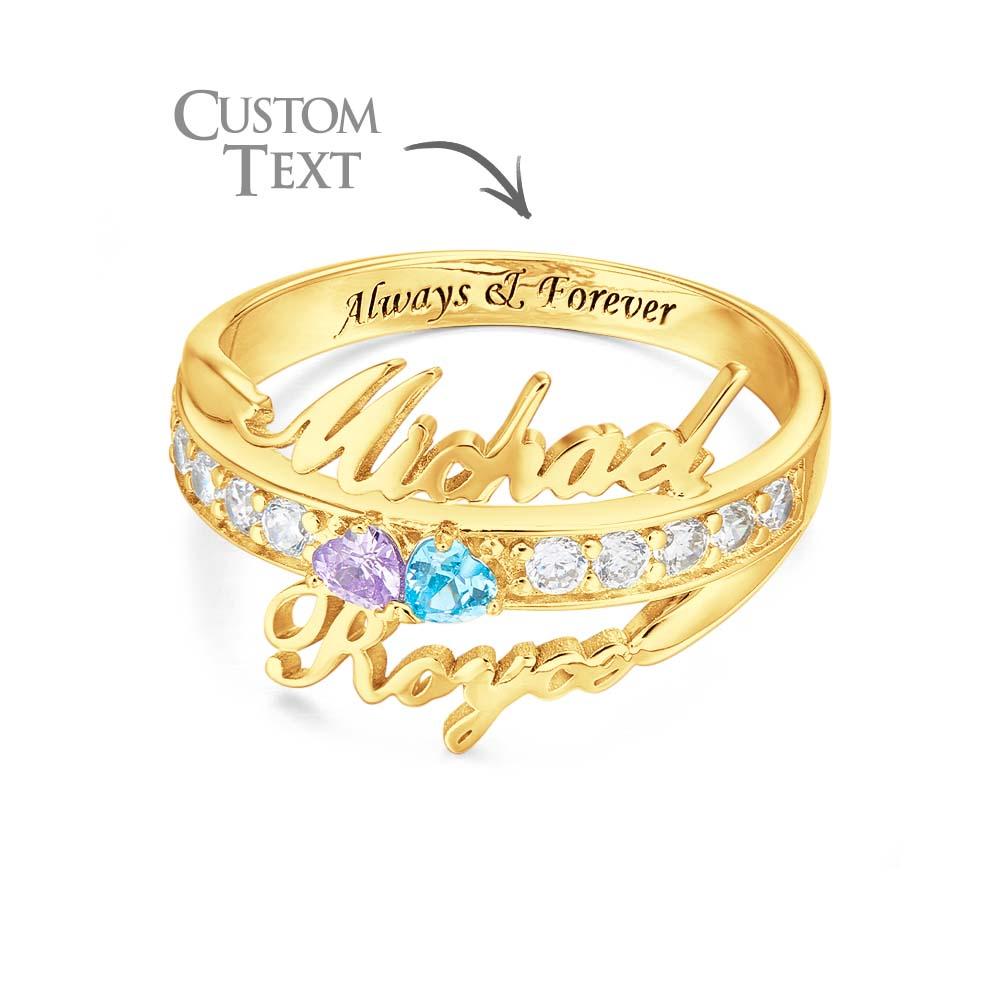 Custom Name and Text Double Heart Birthstone Promise Ring Anniversary Gift