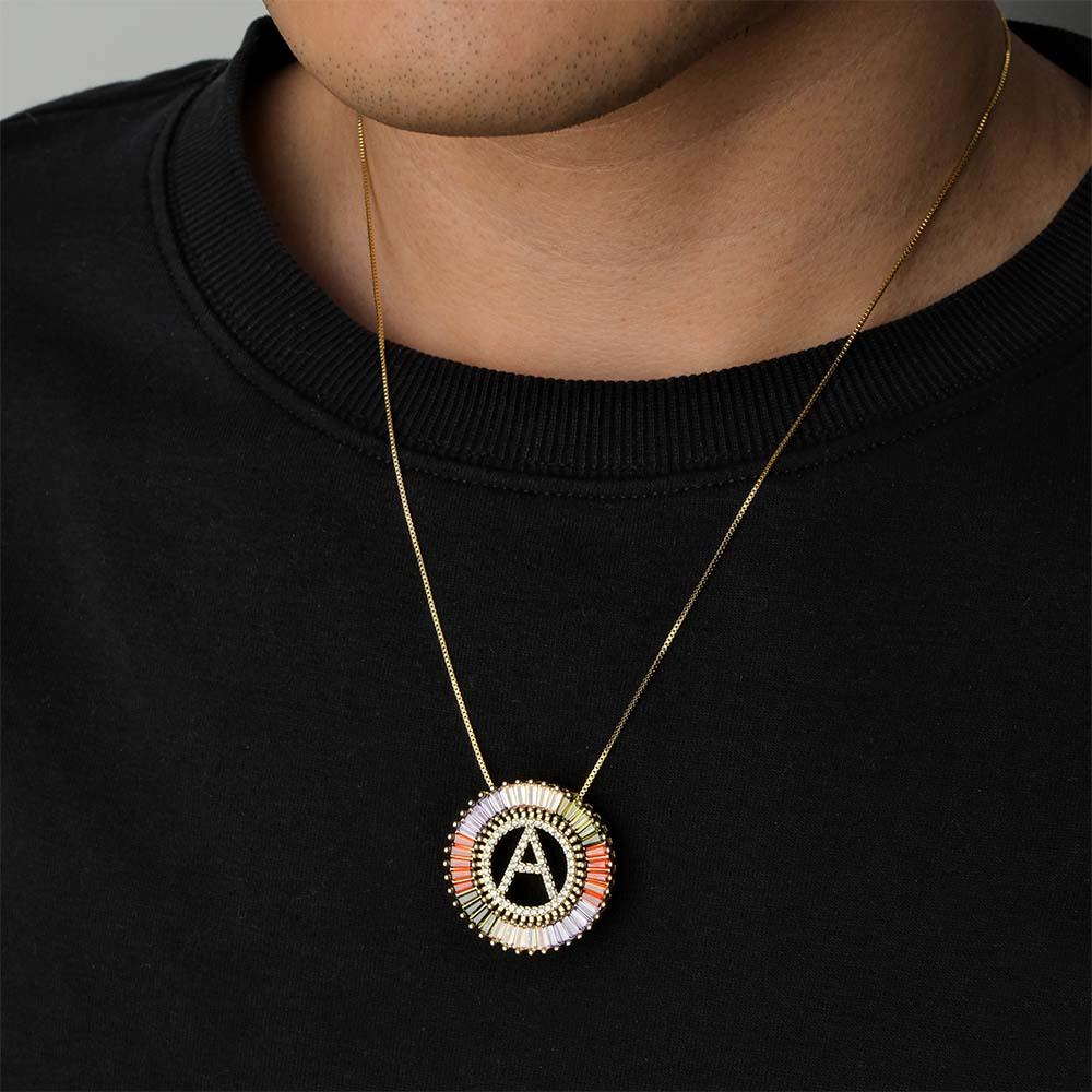 Custom Initial Letter Diamond Necklace Colorful Sunburst Hip Hop Necklace For Him