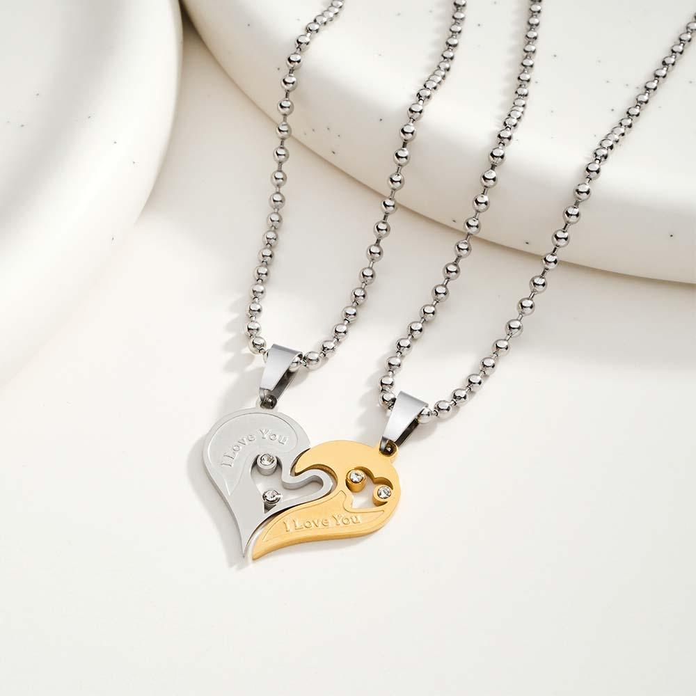 Custom Engraved I Love You Rhinestone Necklace Set Gorgeous  Love Heart Necklace For Couples