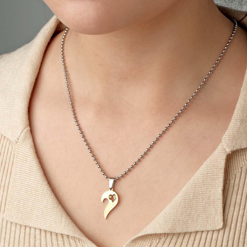 Custom Engraved I Love You Rhinestone Necklace Set Gorgeous  Love Heart Necklace For Couples