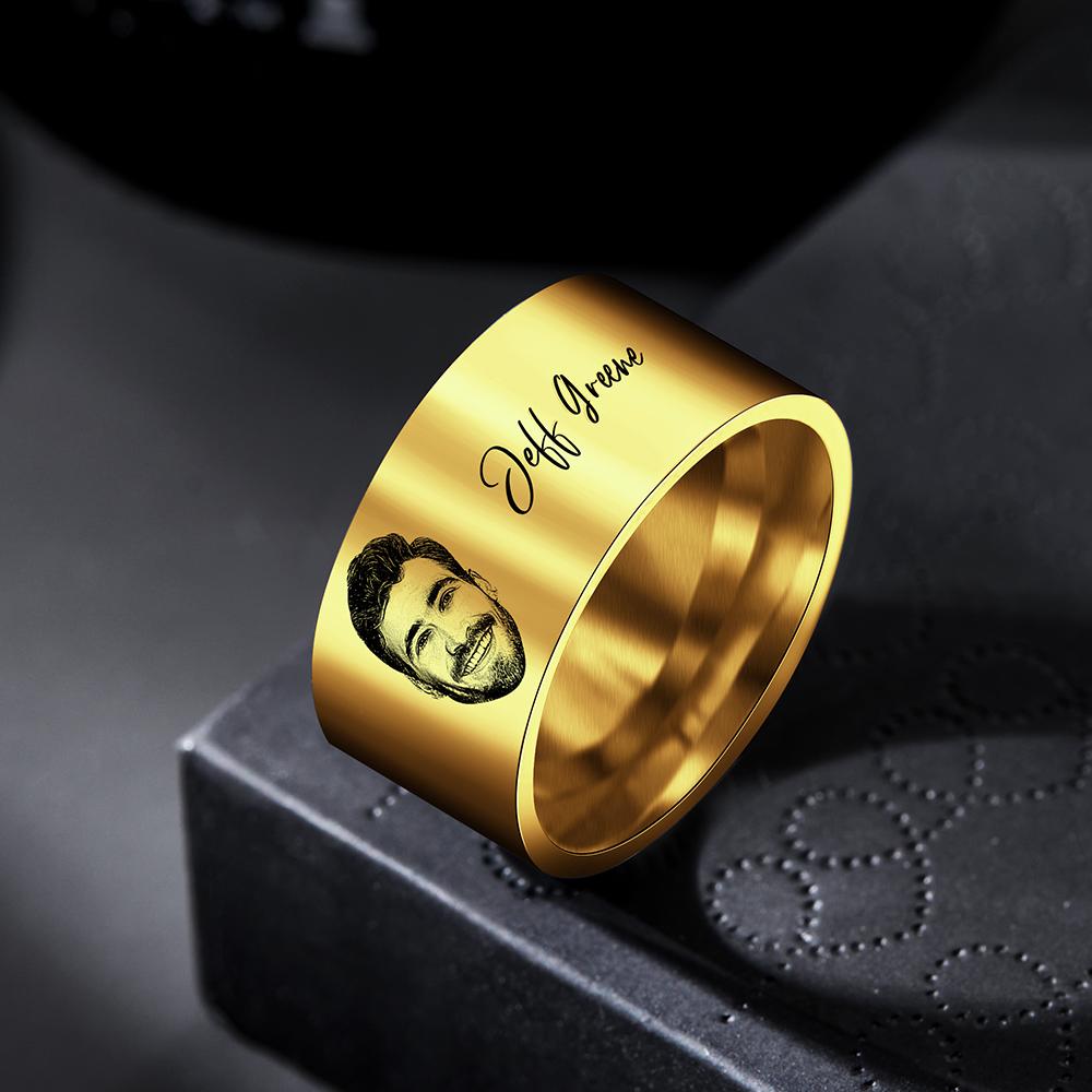 Custom Photo Ring Personalized Men's Ring With Engraved Words Perfect Gift For Couples On Anniversary Or For Dad On Father's Day