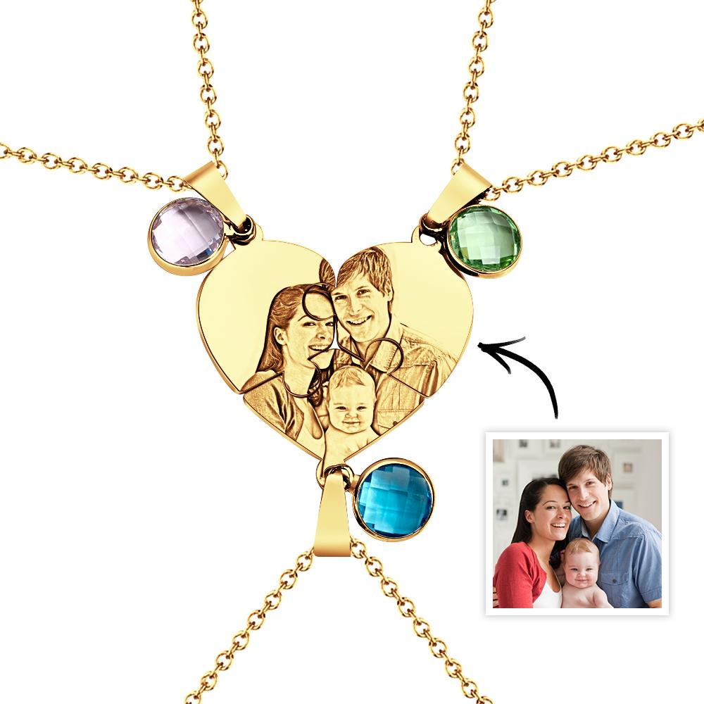 Personalized Photo Three Heart Puzzle Necklace With Birthstone Pendant Jewelry Gifts For Family