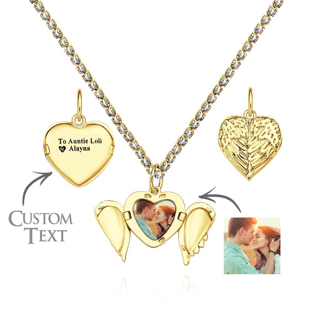 Engravable Photo Locket Necklace Tennis Chain Personalized Heart Angel Wings Gift For Her