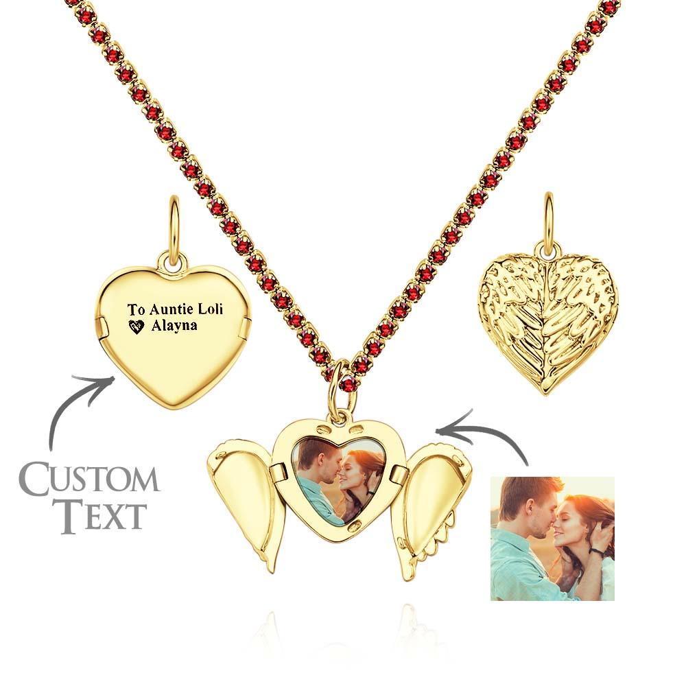 Engravable Photo Locket Necklace Tennis Chain Personalized Heart Angel Wings Gift For Her