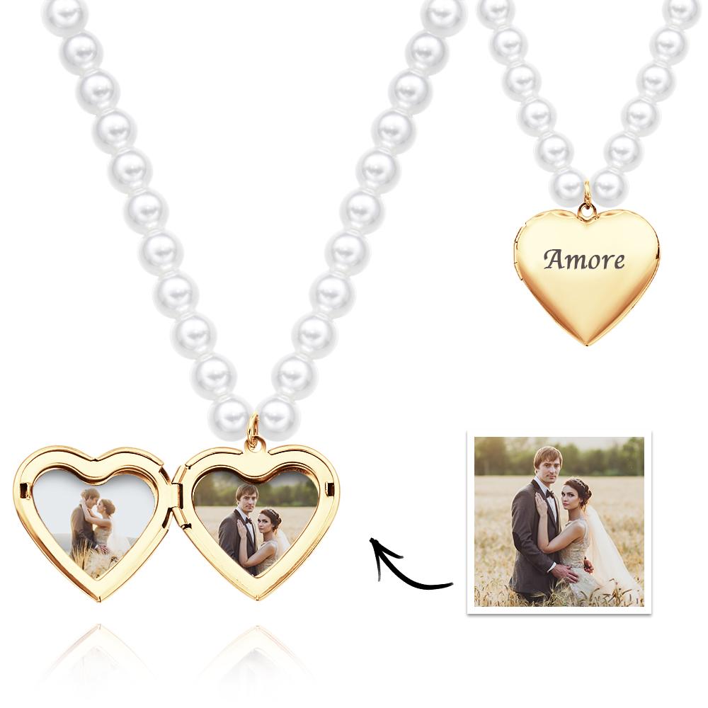 Custom Photo Engraved Necklace Pearl Heart Couple Gift
