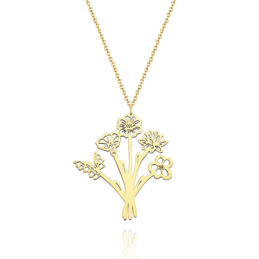 Personalized Combined Birth Flower Bouquet Necklace Gift for Mom