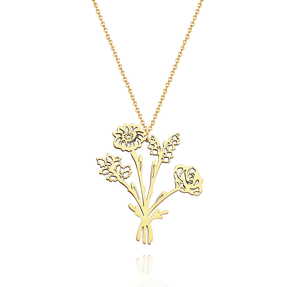 Personalized Combined Birth Flower Bouquet Necklace Gift for Mom
