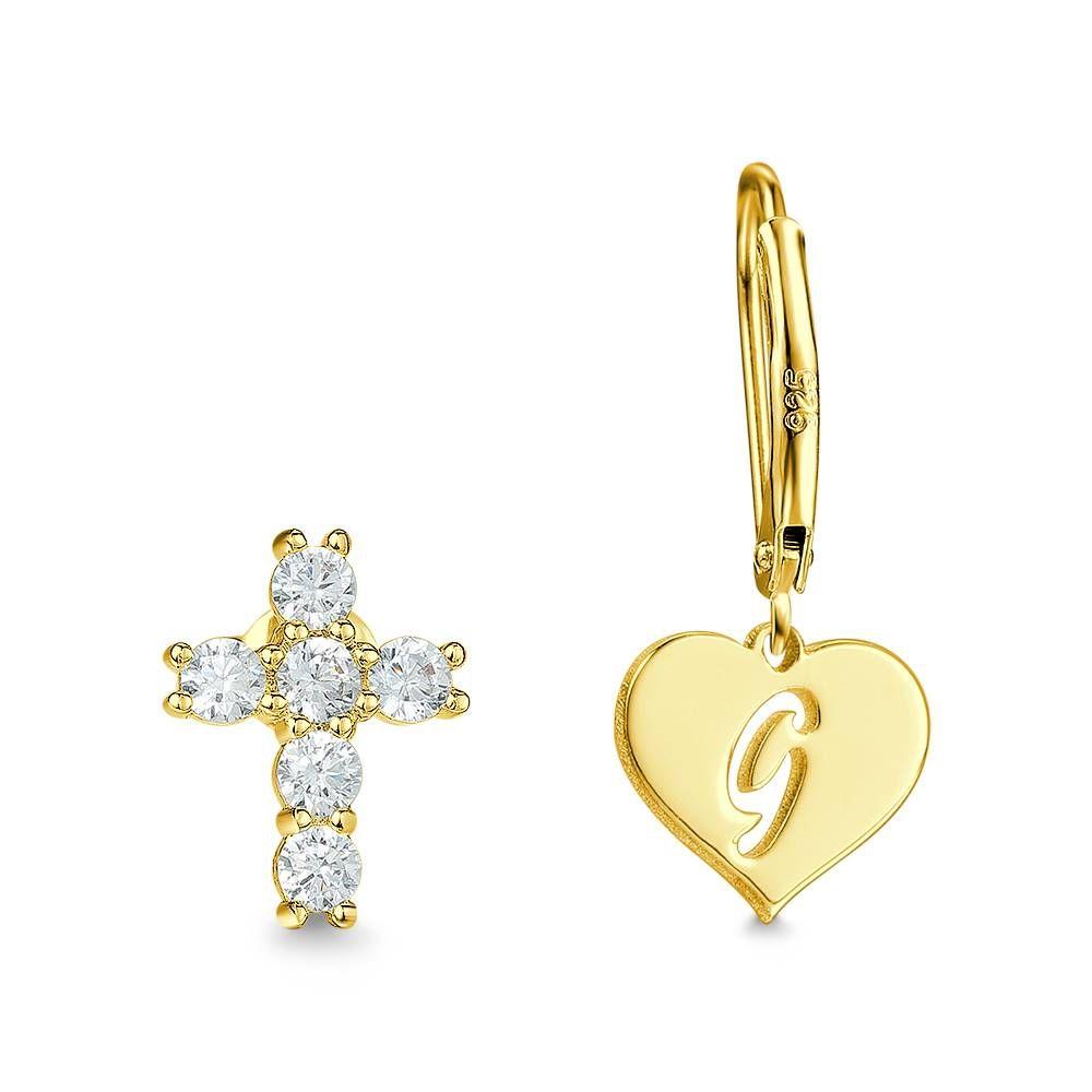 Initial Drop Earrings, Asymmetry Earrings Hollow Letter with Cross Rose Gold Plated