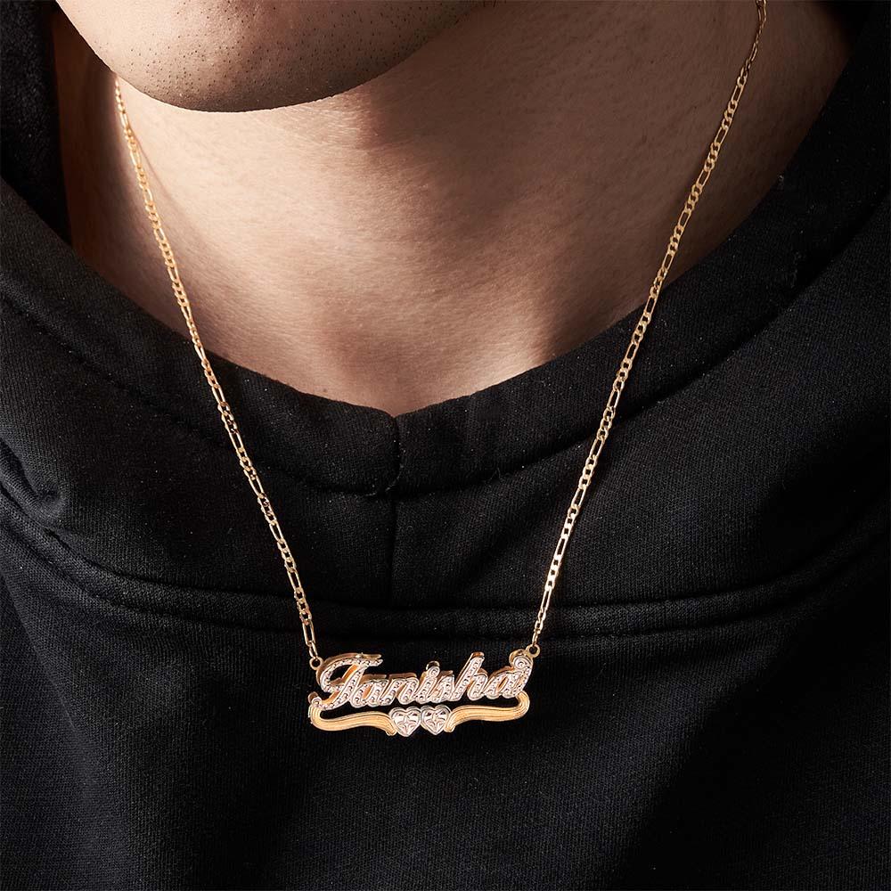 Personalized Hip Hop Name Necklace Double Hearts Decor Necklace Gifts for Men