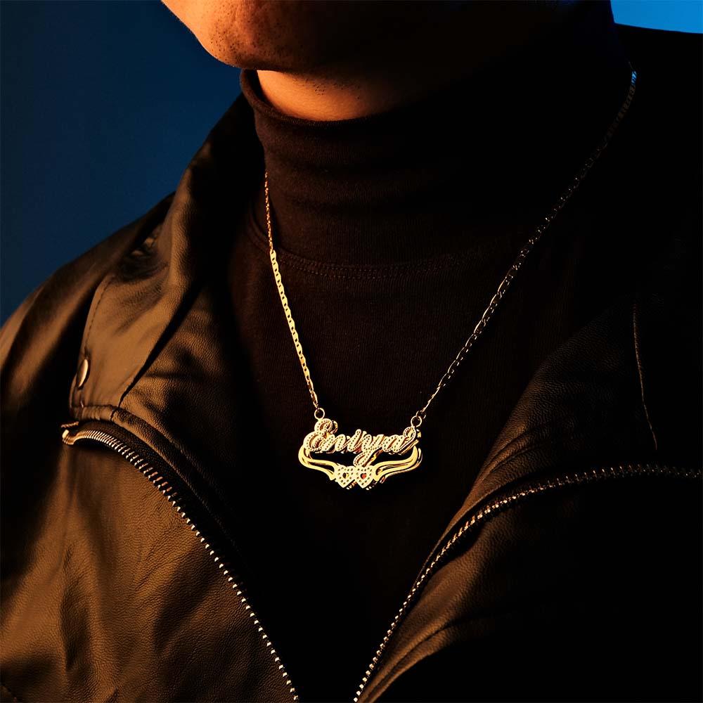 Personalized Name Necklace Double Heart Trendy Necklace Gifts for Men