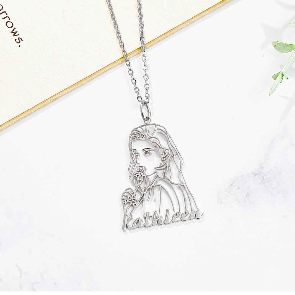 Personalized Name Portrait Line Art Drawing Necklace for Her