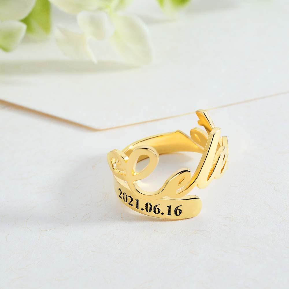Minimalist Spiral Engraved Name Adjustable Open Ring Personalized Text Commemorative Ring