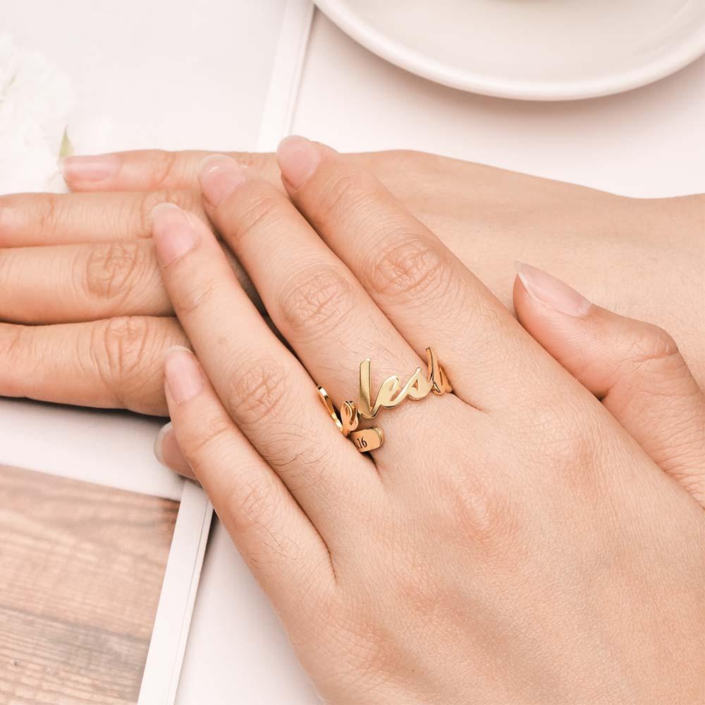 Minimalist Spiral Engraved Name Adjustable Open Ring Personalized Text Commemorative Ring