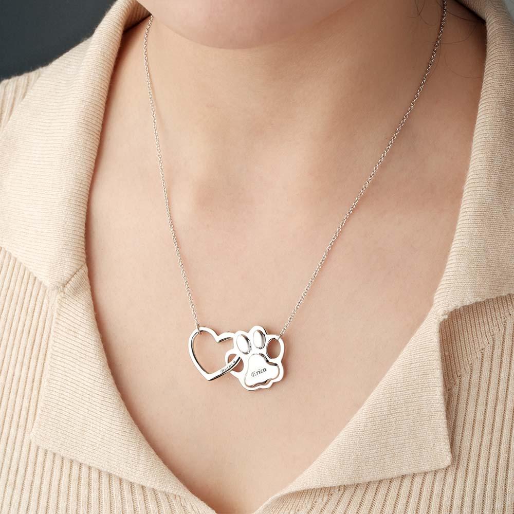 Engravable Hollow Out Necklace Heart And Dog Paw Combine Gifts For Pet Lovers