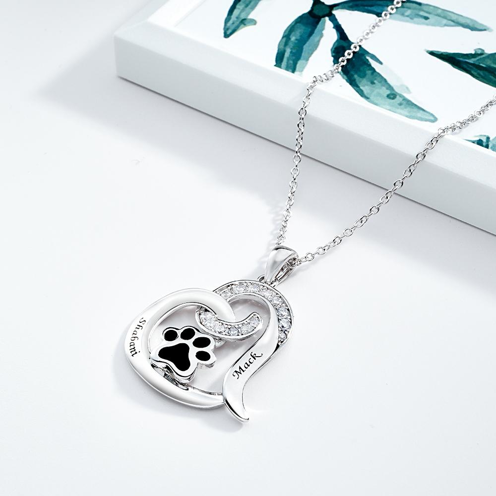 Custom Engraved Necklace With Pet Paw Decor Zircon Necklace Gifts For Her