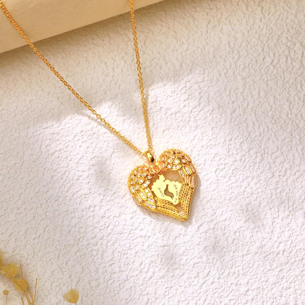 Engravable Angels Heart Necklace Lovely Feet Design Pendant Mother's Day Gifts