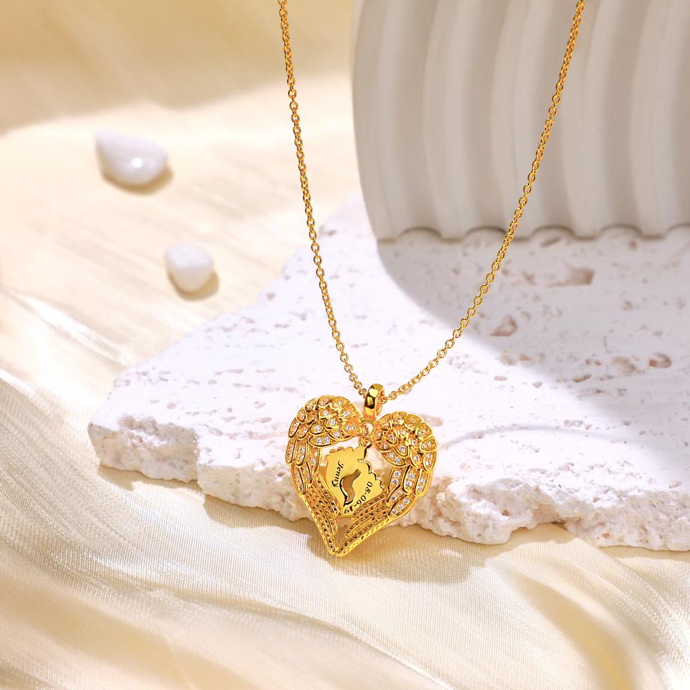 Engravable Angels Heart Necklace Lovely Feet Design Pendant Mother's Day Gifts