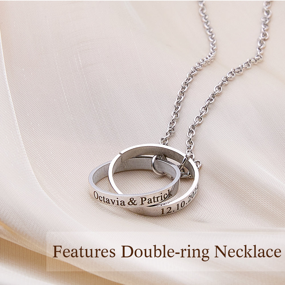 Personalized Double Ring Necklace with Engraved Name Wedding Gift for Bride
