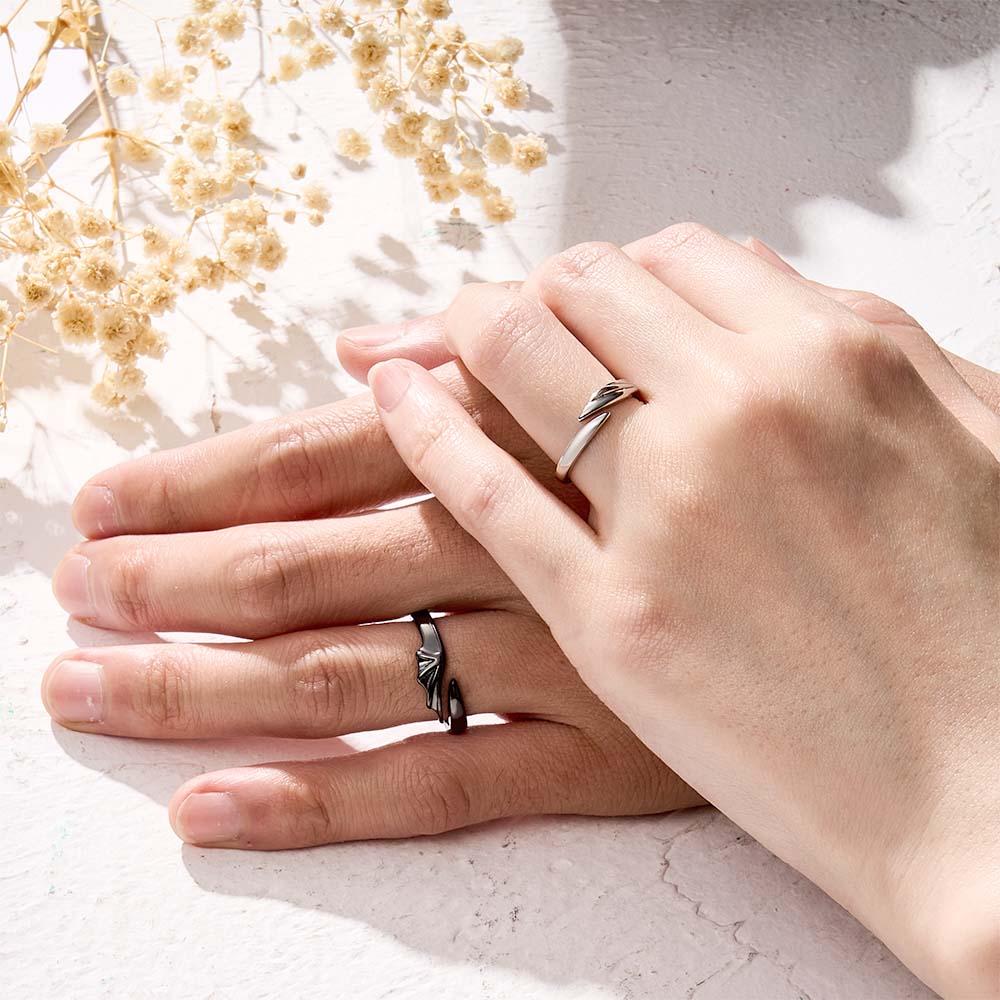 Engravable Wings Devil and Angel Ring Simple Trendy Couple Open Rings