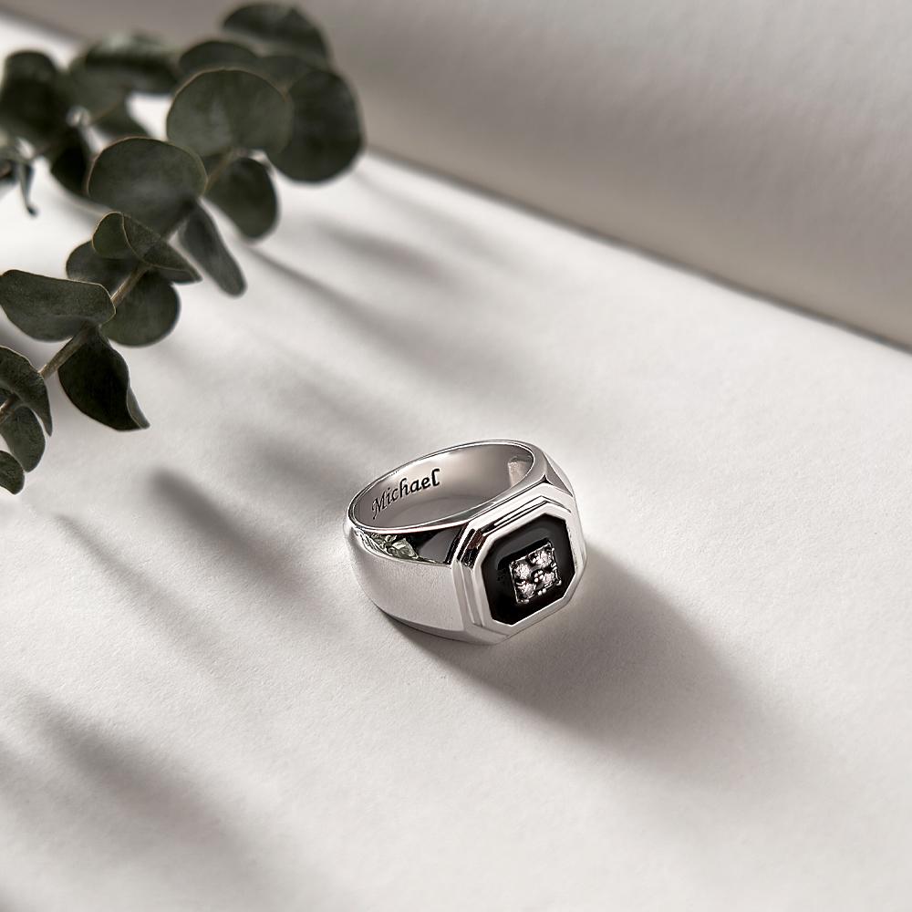 Engraved Ice Ring Black Decor Bright Stone Jeweley Ring For Men