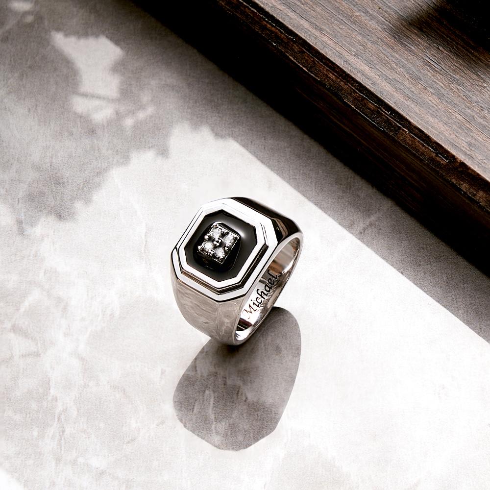 Engraved Ice Ring Black Decor Bright Stone Jeweley Ring For Men