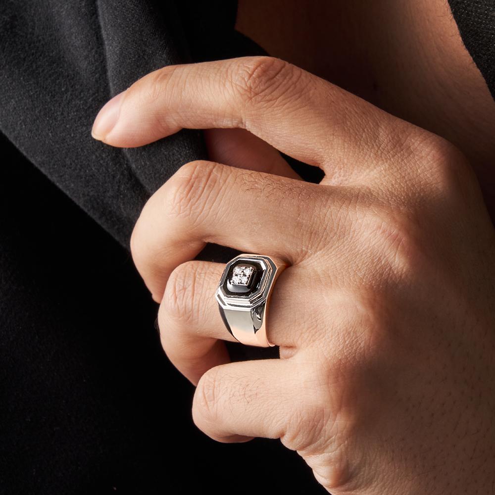 Engraved Ice Ring Black Decor Bright Stone Jeweley Ring For Men