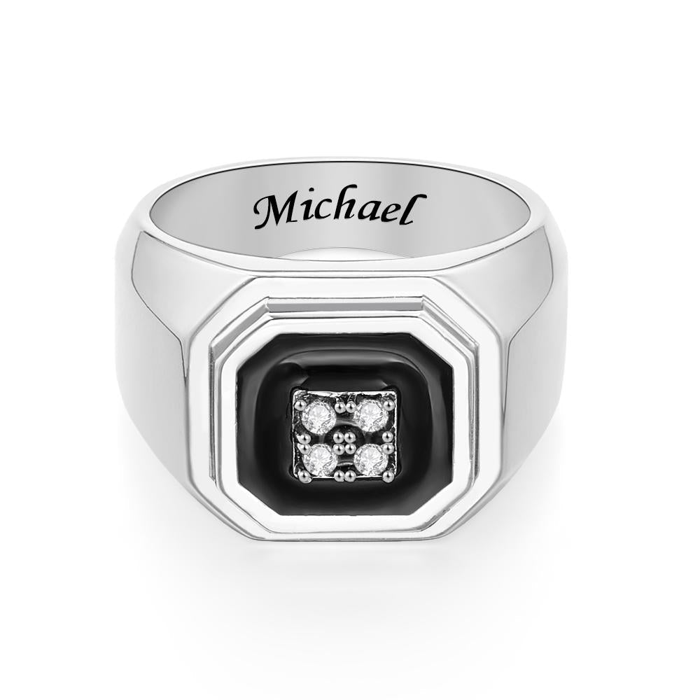 Engraved Ice Ring Black Decor Bright Stone Jeweley Ring For Men