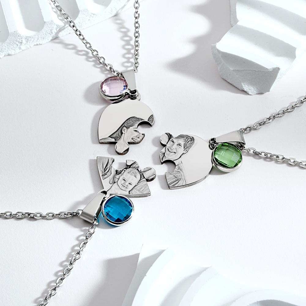 Personalized Photo Three Heart Puzzle Necklace With Birthstone Pendant Jewelry Gifts For Family