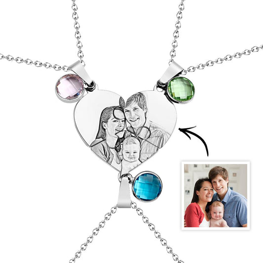 Personalized Photo Three Heart Puzzle Necklace With Birthstone Pendant Jewelry Gifts For Family
