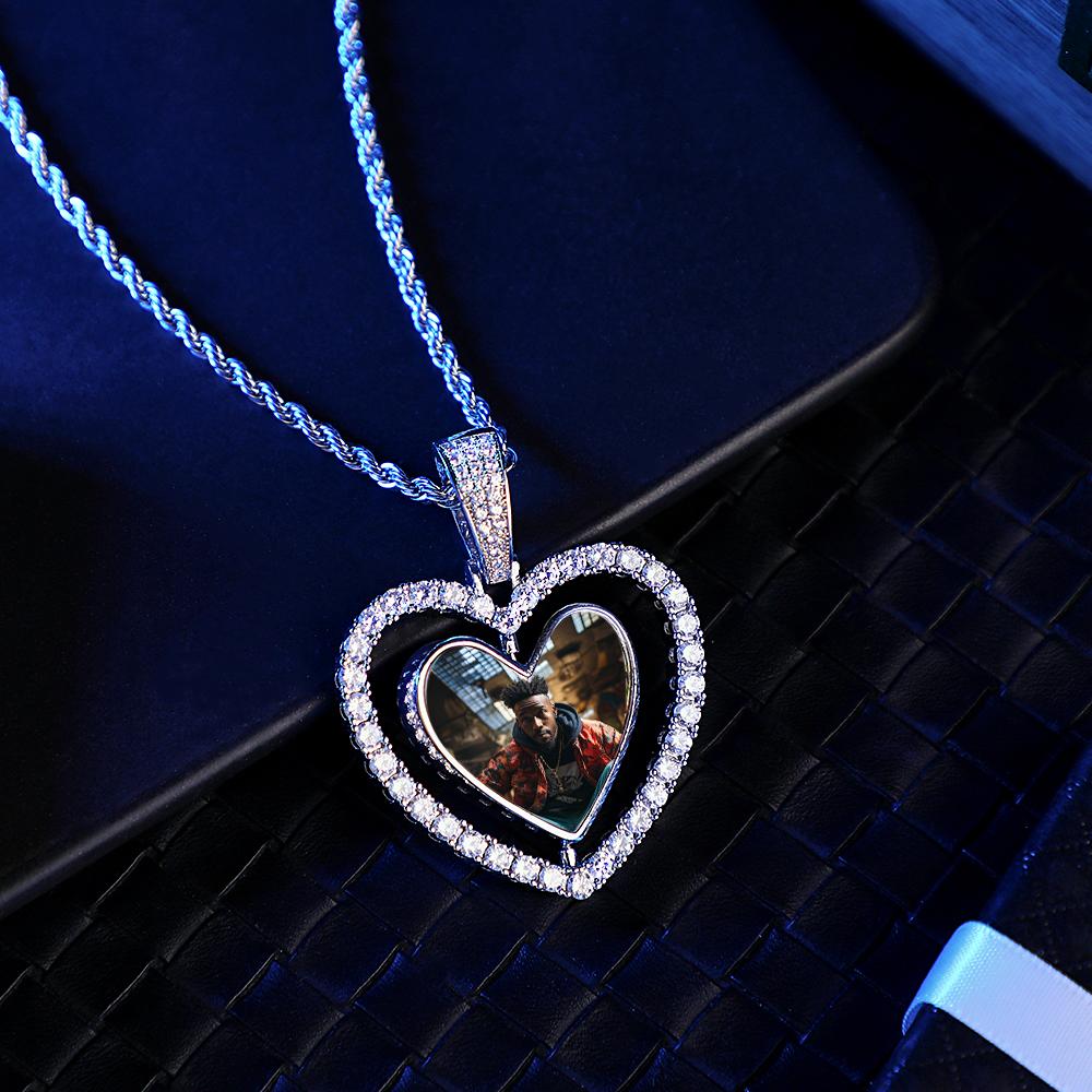 Hip Hop Photo Necklace Rotatable Heart Hollow-out Zircon Pendant Jewelry Gifts For Men