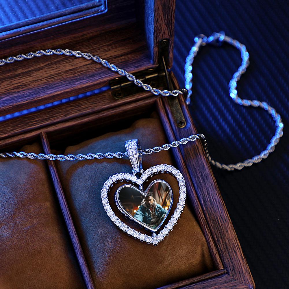 Hip Hop Photo Necklace Rotatable Heart Hollow-out Zircon Pendant Jewelry Gifts For Men