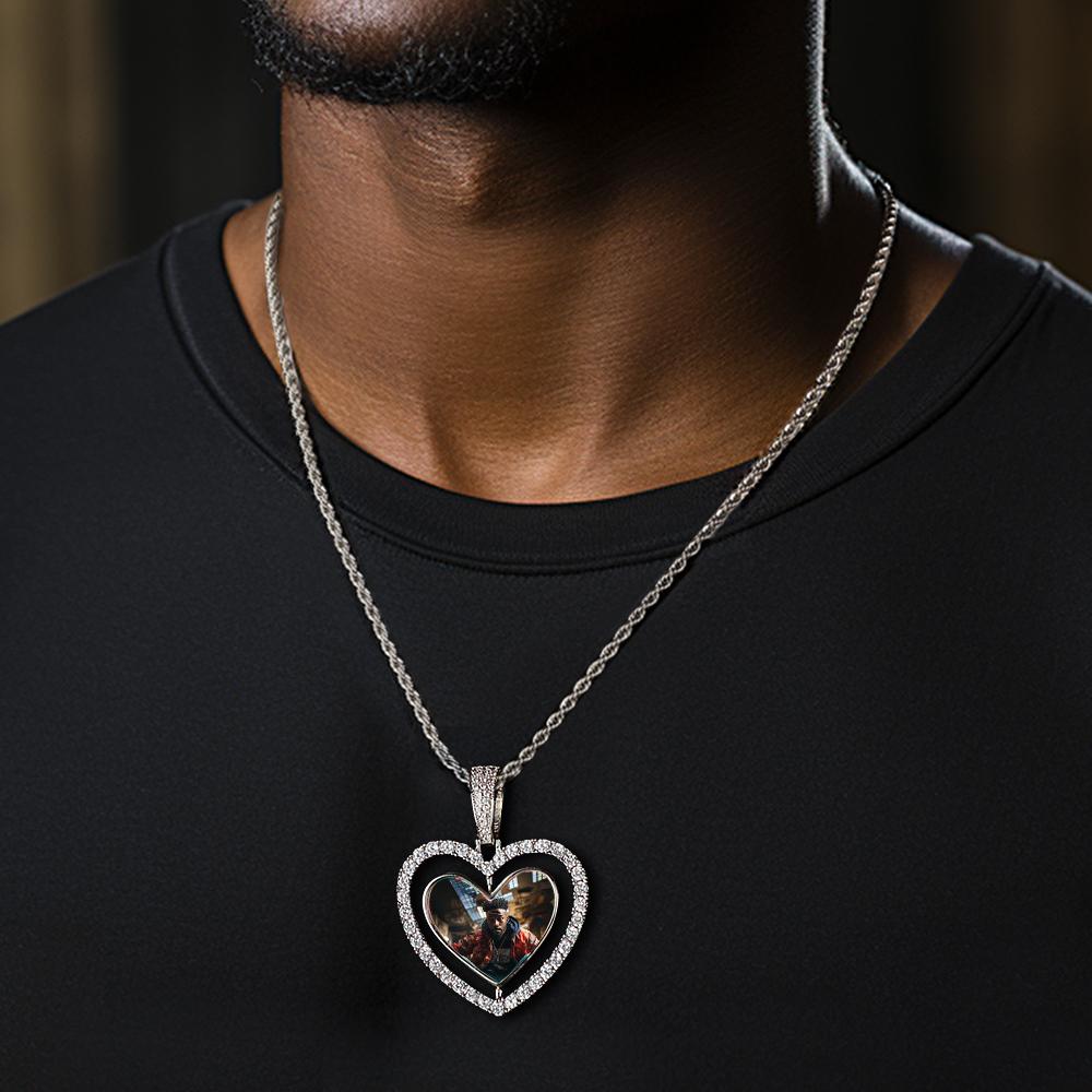 Hip Hop Photo Necklace Rotatable Heart Hollow-out Zircon Pendant Jewelry Gifts For Men