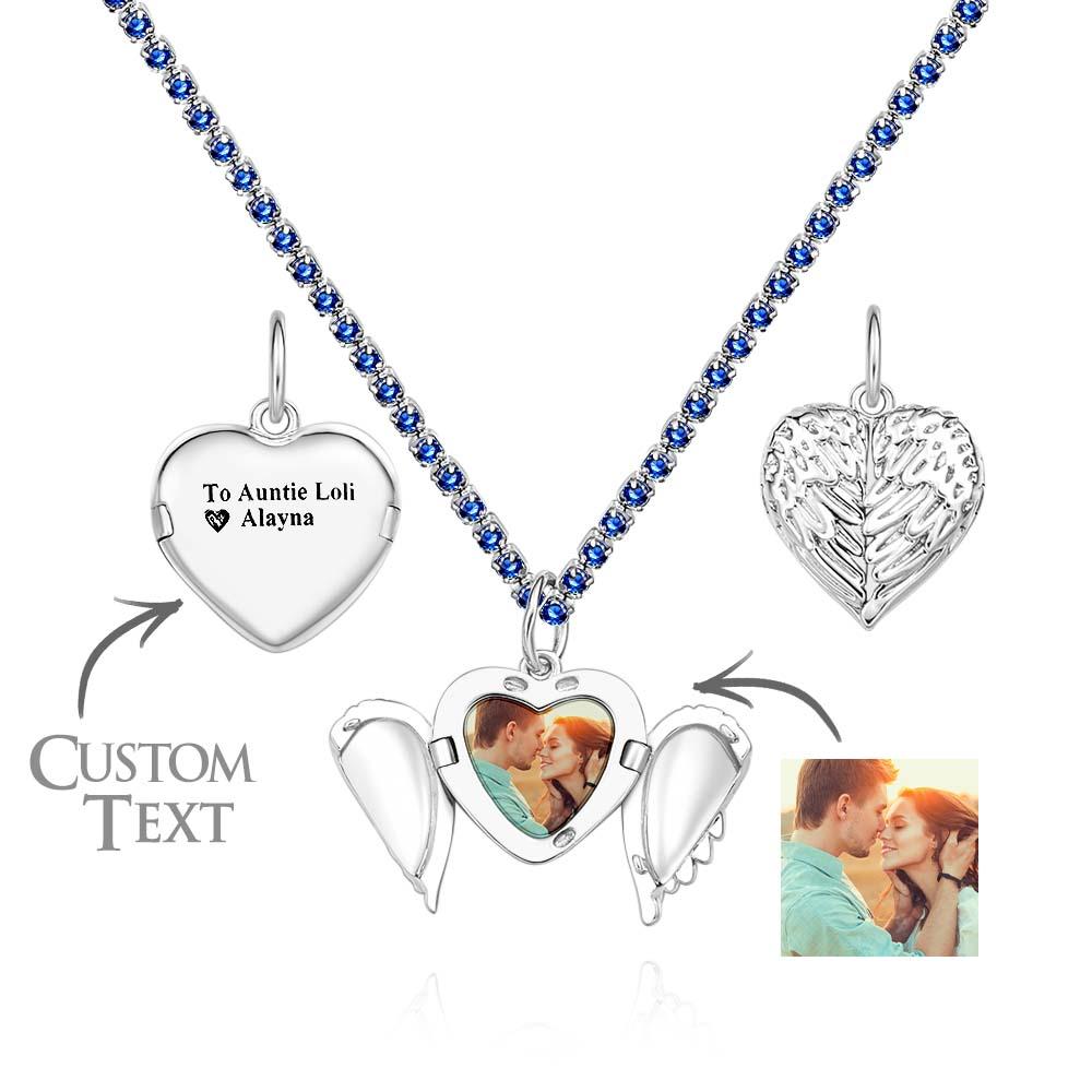 Engravable Photo Locket Necklace Tennis Chain Personalized Heart Angel Wings Gift For Her