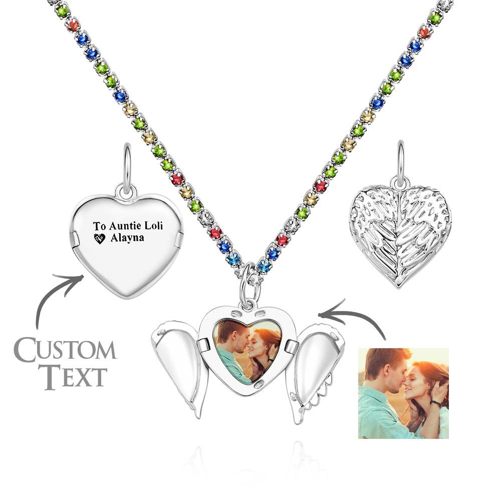 Engravable Photo Locket Necklace Tennis Chain Personalized Heart Angel Wings Gift For Her