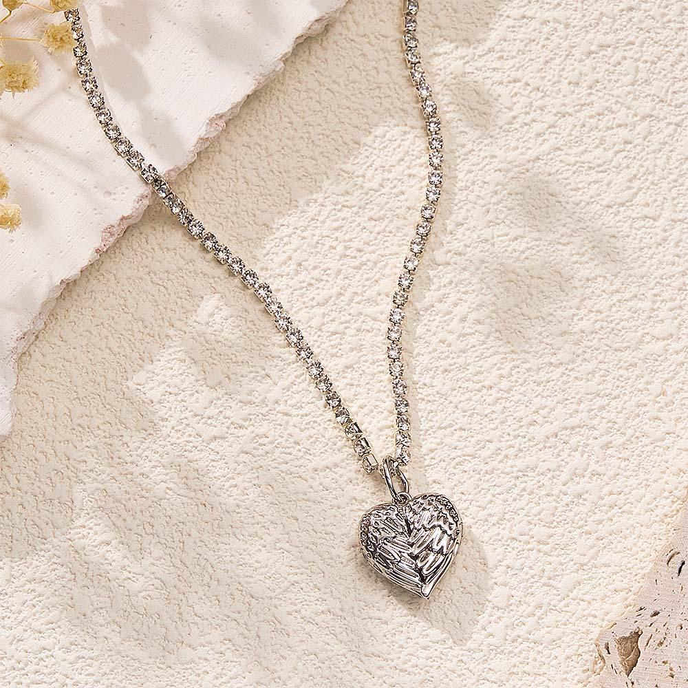 Engravable Photo Locket Necklace Tennis Chain Personalized Heart Angel Wings Gift For Her