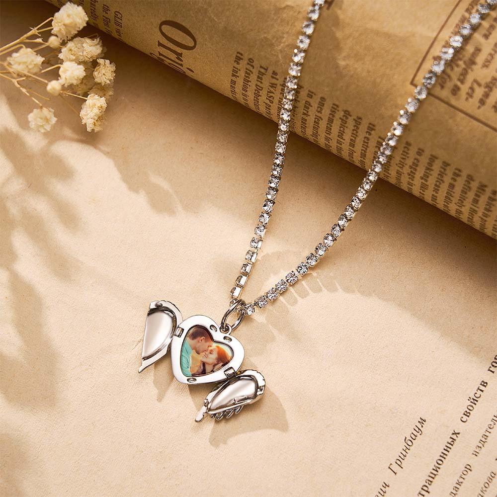 Engravable Photo Locket Necklace Tennis Chain Personalized Heart Angel Wings Gift For Her