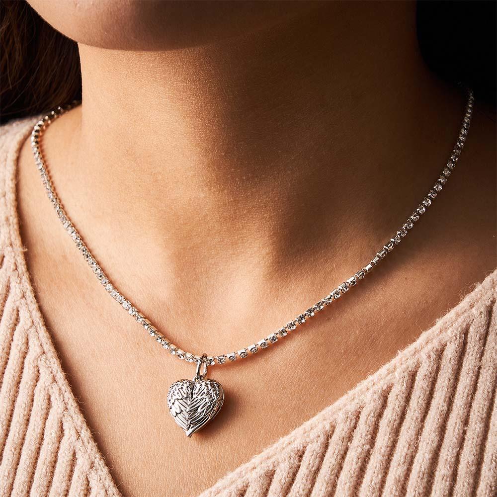 Engravable Photo Locket Necklace Tennis Chain Personalized Heart Angel Wings Gift For Her
