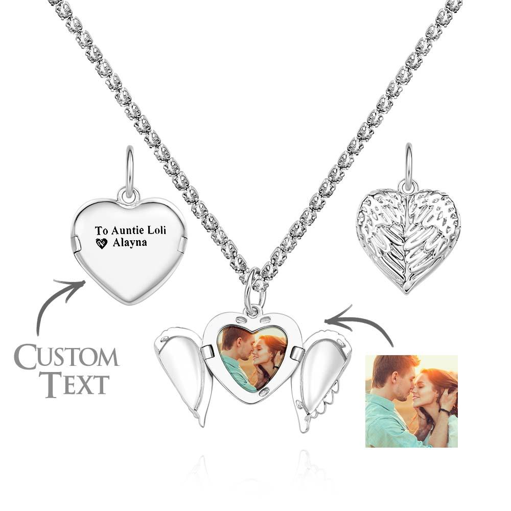 Engravable Photo Locket Necklace Tennis Chain Personalized Heart Angel Wings Gift For Her